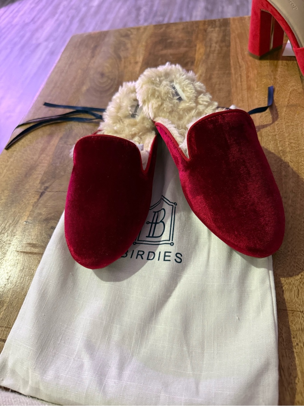 Birdies Women’s Velvet Red Fur-Lined Slip-On Slippers